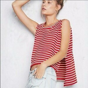 We The Free Madness Red & White Striped Muscle Tank Side Slits High Low Medium